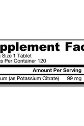 Supplement facts label showing Jarrow Formulas Potassium Citrate with 99 mg per tablet, 120 tablets per container.